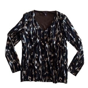 Y2K Dana Buchman Womens Brown Animal Print V-Neck Empire Waist Blouse Size M